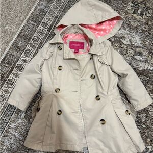 London Fog Beige Girls' Hooded Trench Coat with Pink Polka Dot Lining